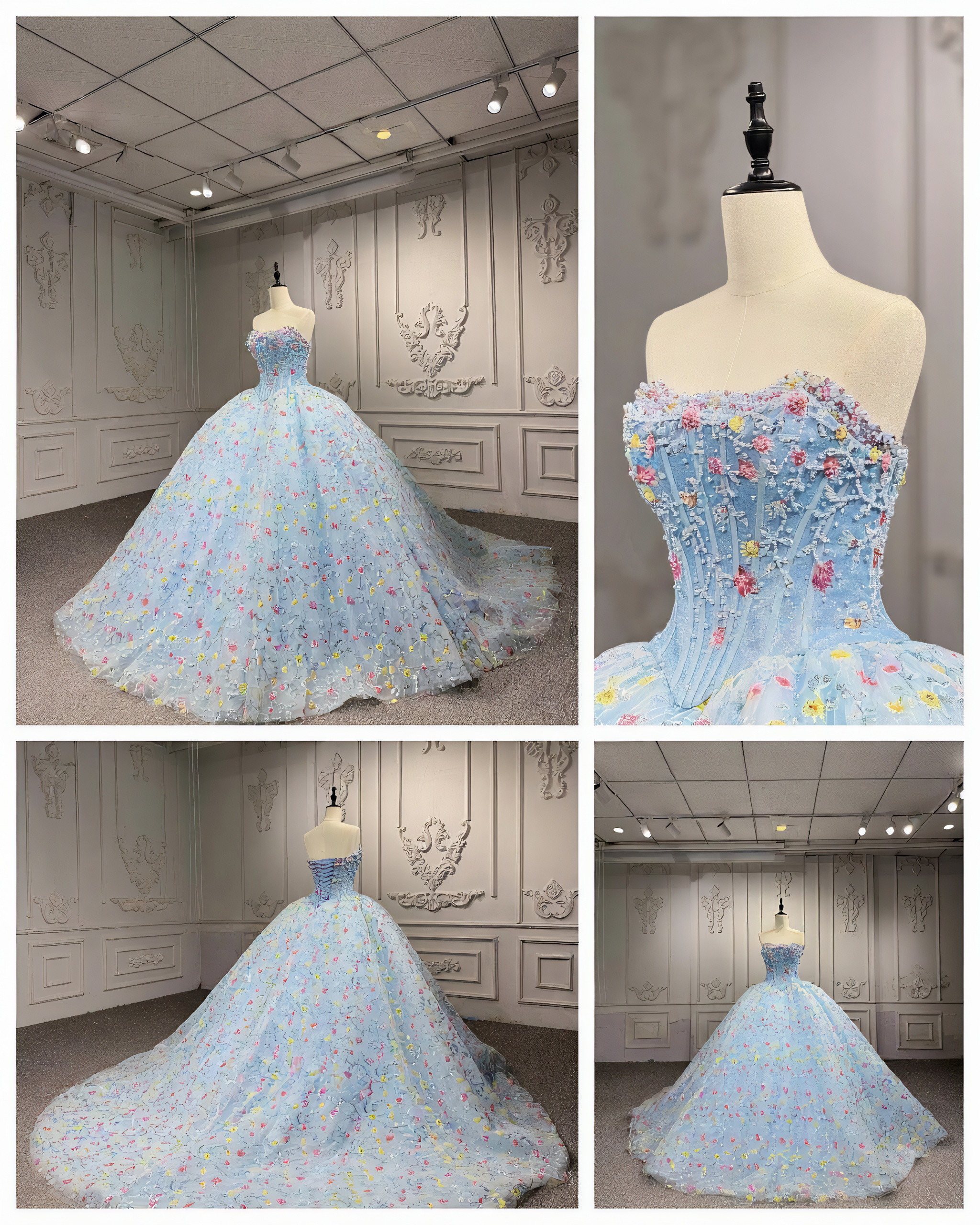 可愛い　憧れのドレス　ブルー　上品優雅　細見えシルエット　プリンセスライン　お姫様　たっぷりなお花飾り　撮影旅行前撮り