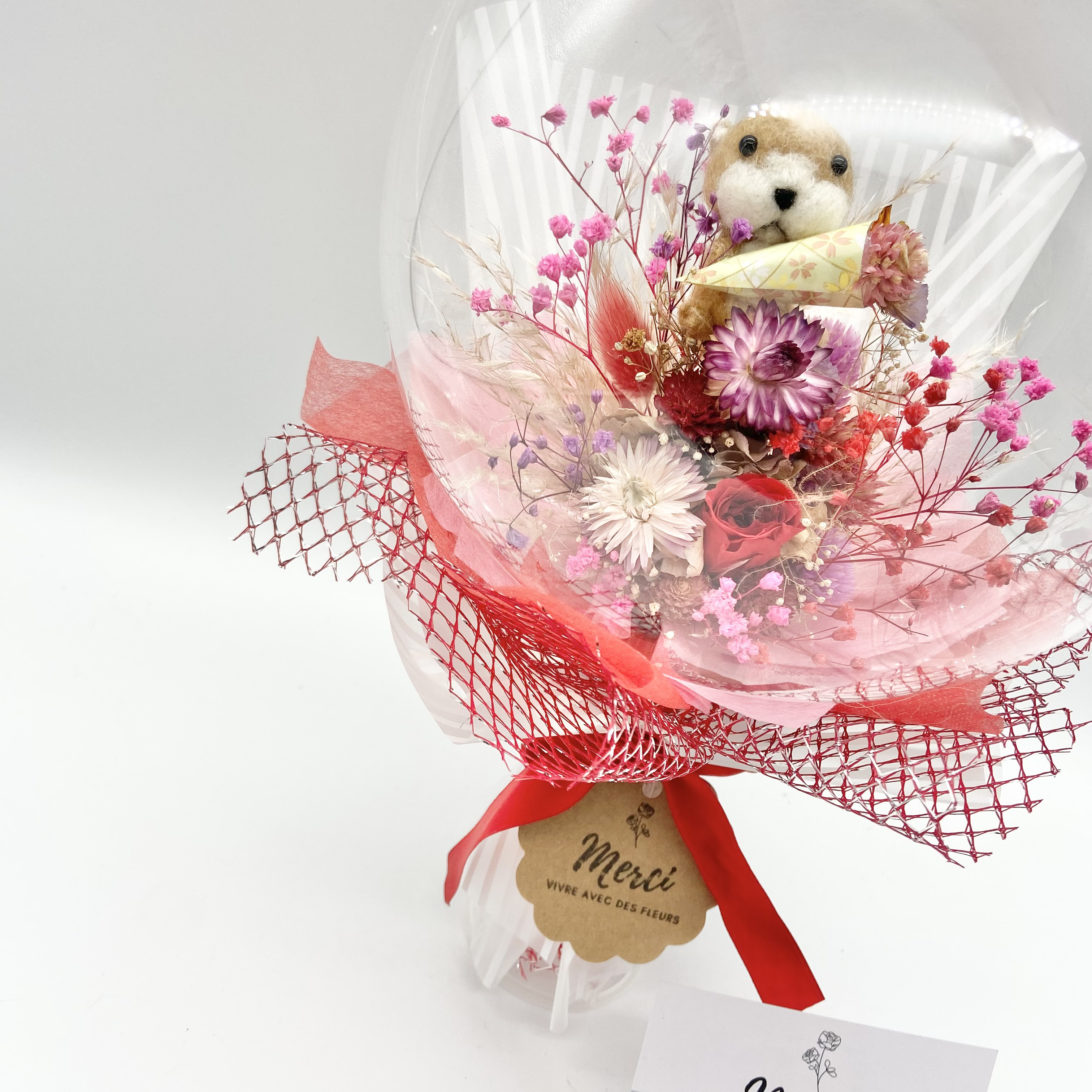 羊毛カワウソ♡レッド　プリザーブドフラワー薔薇　立てて飾れるバルーンブーケ