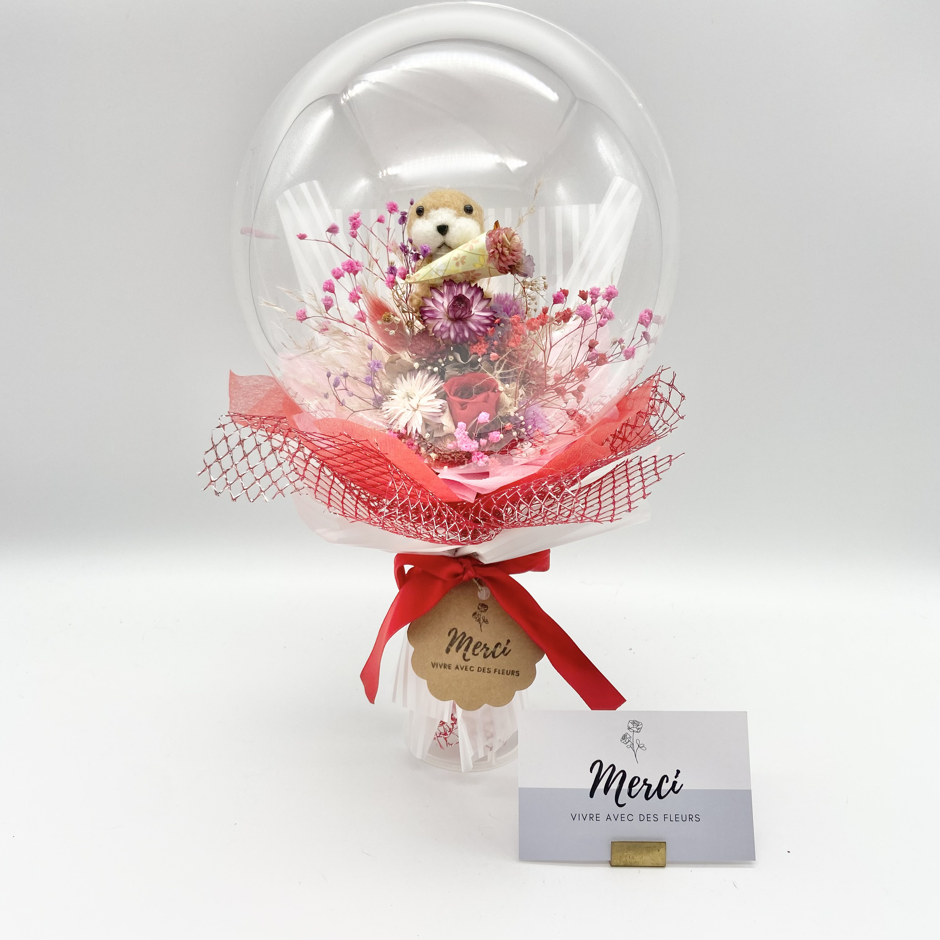 羊毛カワウソ♡レッド　プリザーブドフラワー薔薇　立てて飾れるバルーンブーケ