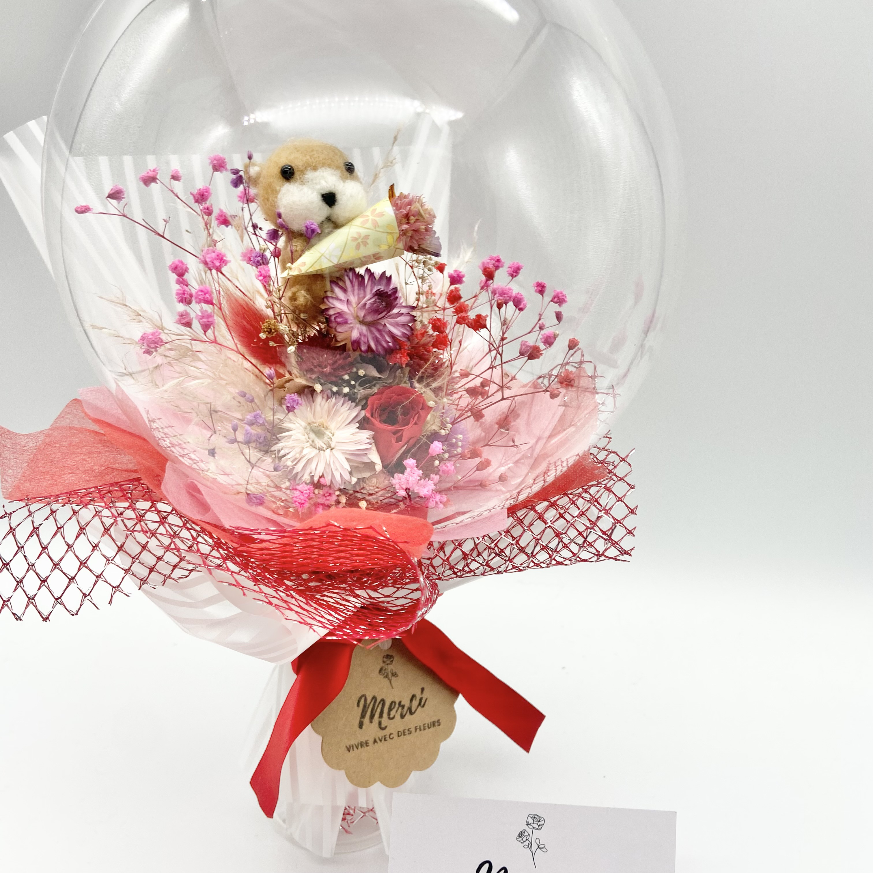 羊毛カワウソ♡レッド　プリザーブドフラワー薔薇　立てて飾れるバルーンブーケ