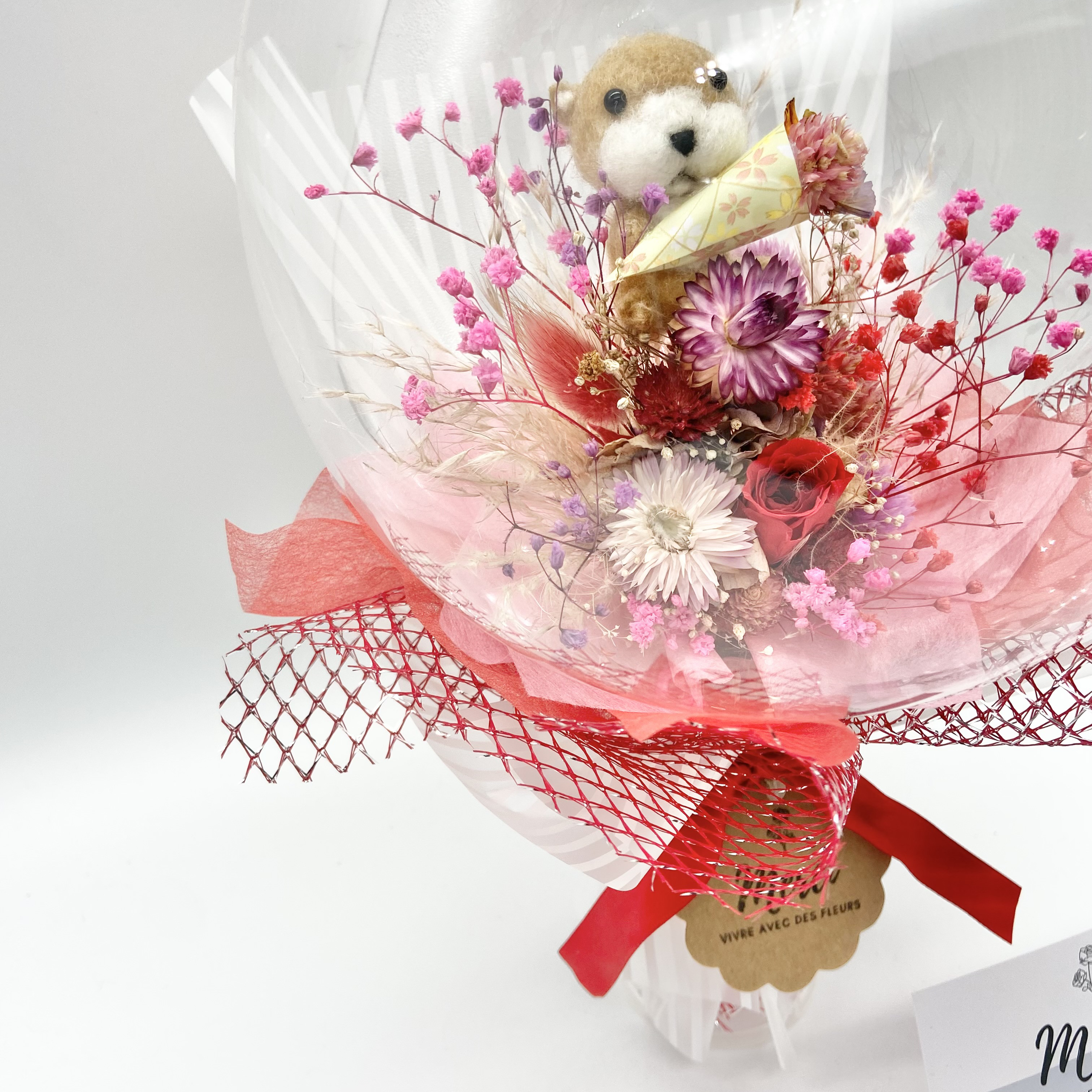 羊毛カワウソ♡レッド　プリザーブドフラワー薔薇　立てて飾れるバルーンブーケ