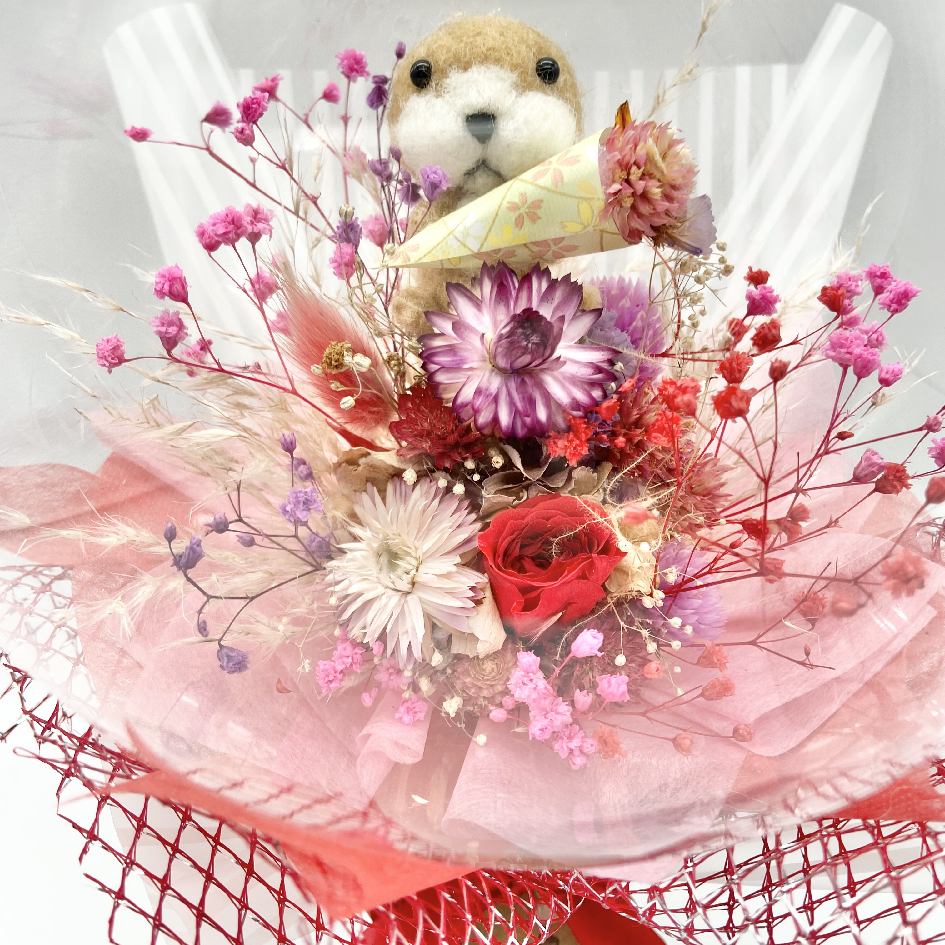 羊毛カワウソ♡レッド　プリザーブドフラワー薔薇　立てて飾れるバルーンブーケ