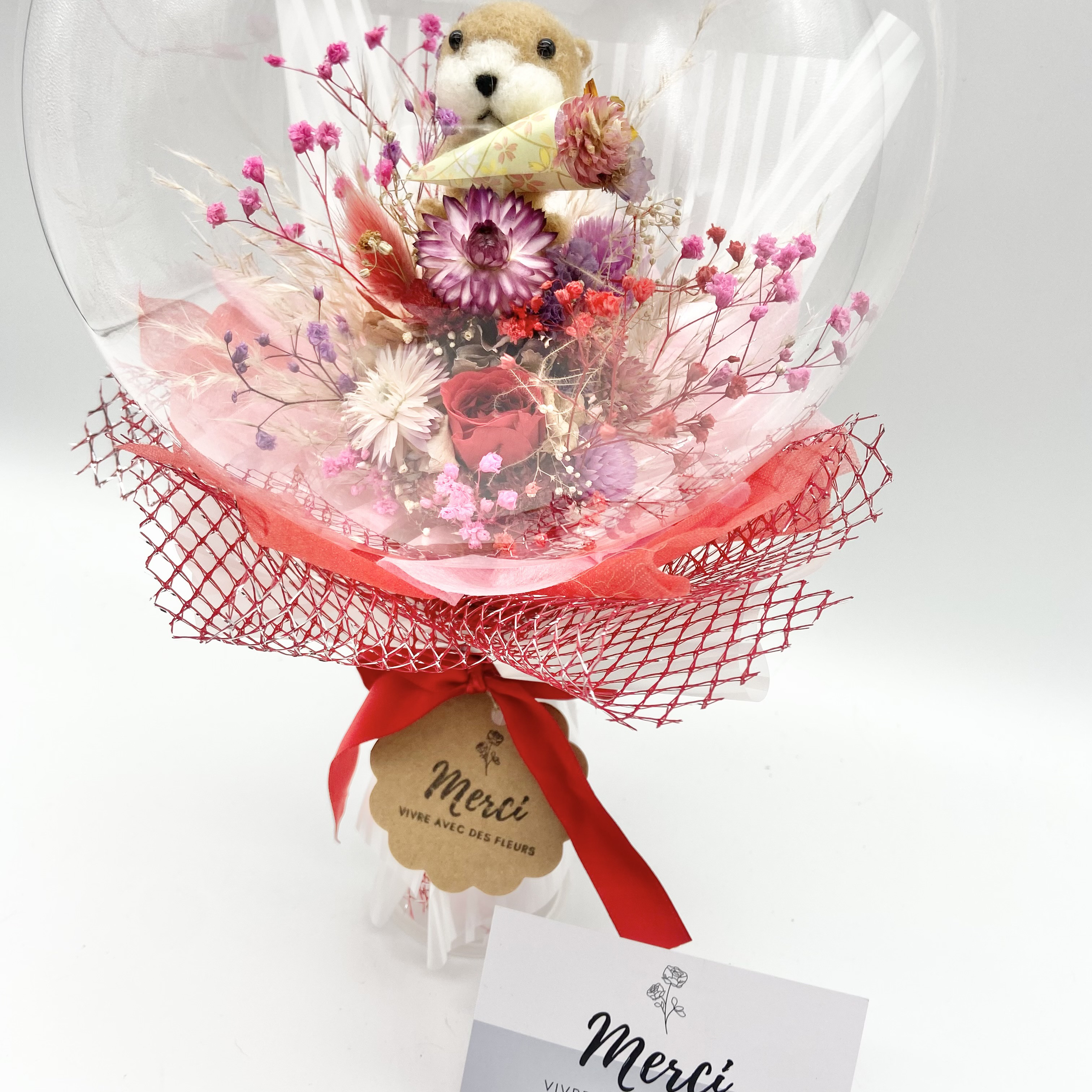 羊毛カワウソ♡レッド　プリザーブドフラワー薔薇　立てて飾れるバルーンブーケ