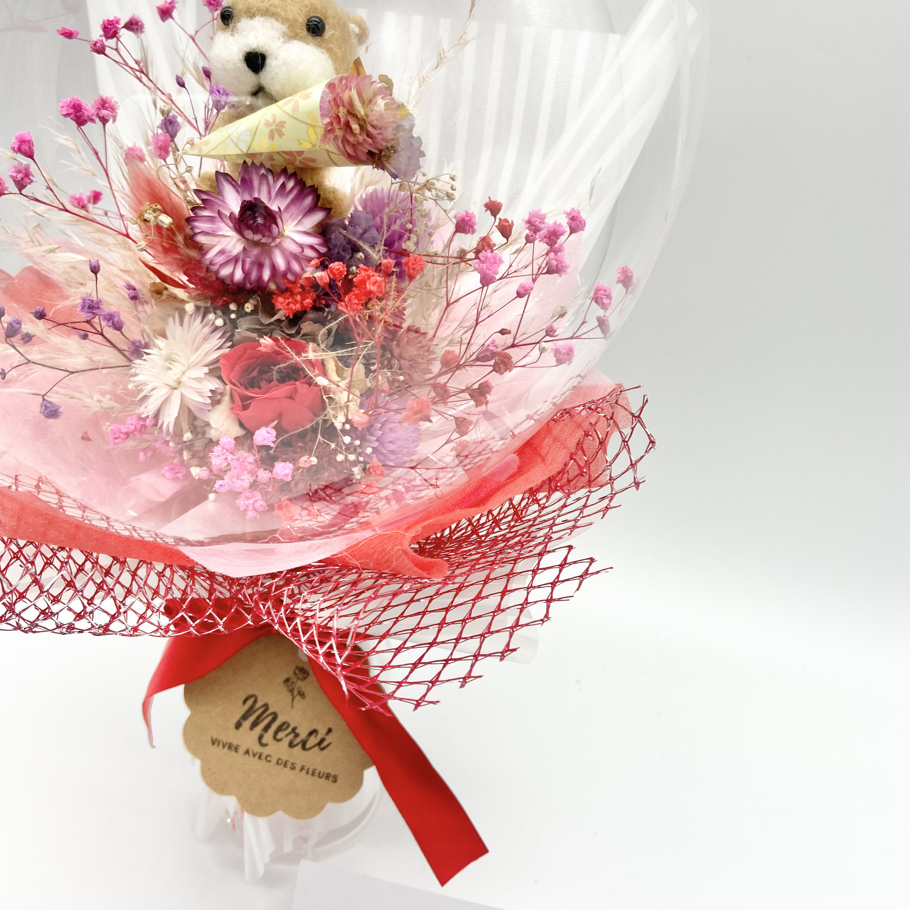 羊毛カワウソ♡レッド　プリザーブドフラワー薔薇　立てて飾れるバルーンブーケ