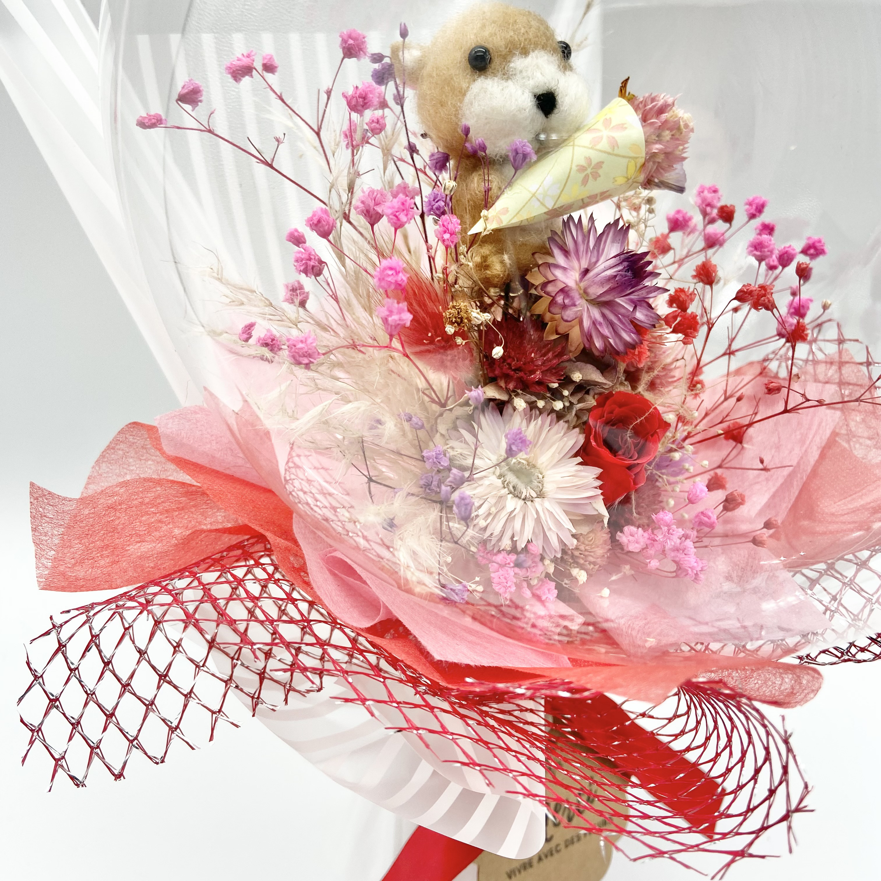 羊毛カワウソ♡レッド　プリザーブドフラワー薔薇　立てて飾れるバルーンブーケ