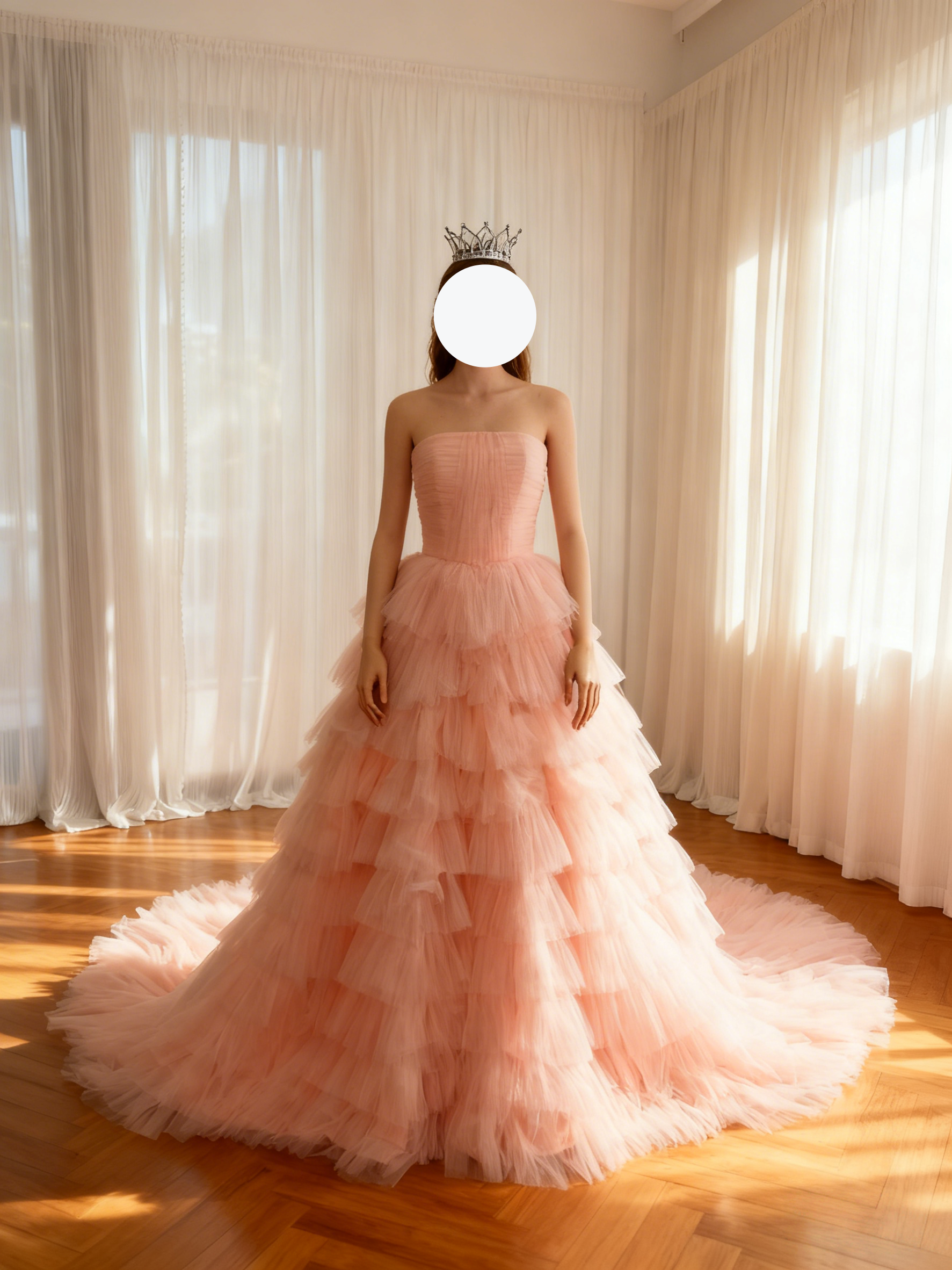 美品！カラードレス ピンク ウエディングドレス ベアトップ 柔らかく重ねたチュールスカート 編み上げ 花嫁