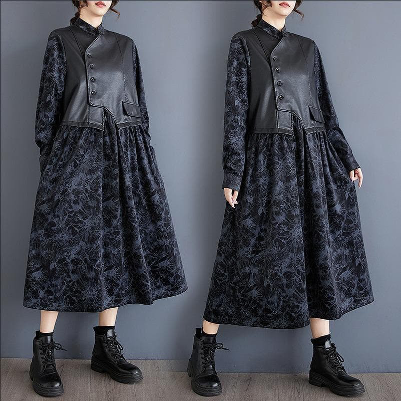 大きいサイズ ワンピース　レザー　異素材　レディース 秋冬　 長袖　エコレザー
