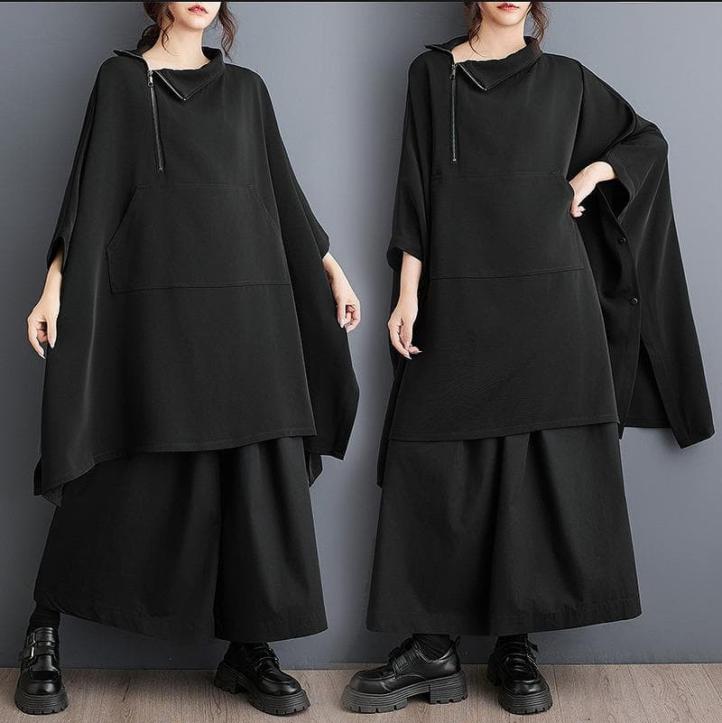 新品 大きいサイズ黒色 ドルマンスリーブ 長袖タートルネック トップス秋冬