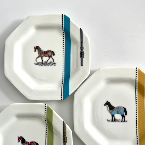 馬柄八角皿 3枚セット ターコイズ/マスタード/モスグリーン 中皿