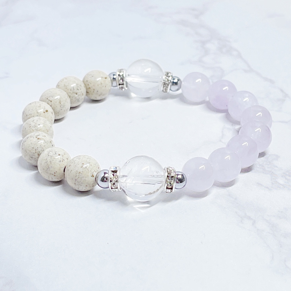 ✦温泉のような癒しを纏う 天然石ブレスレット｜ヒマラヤ水晶・北投石・ラベンダーアメジスト No.829