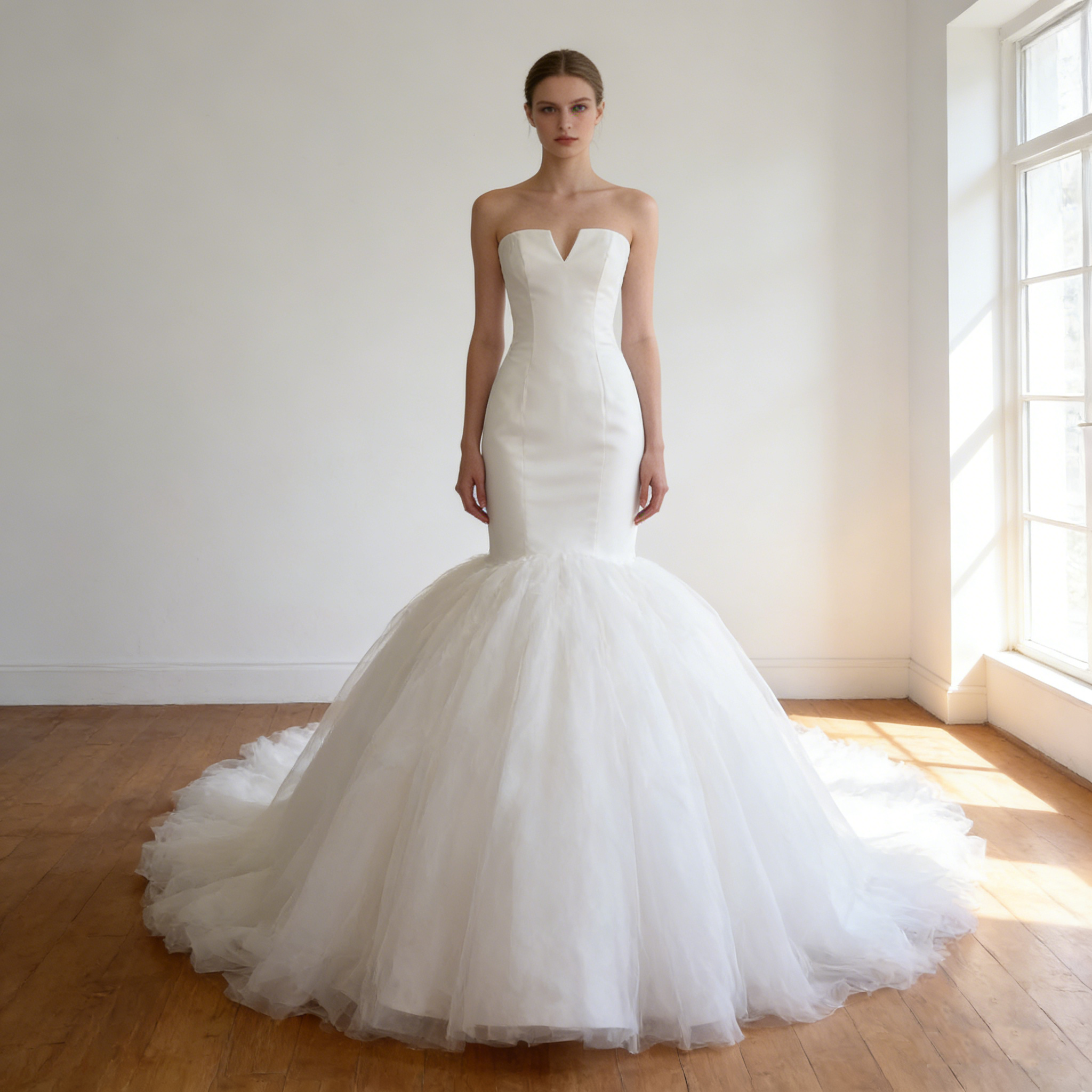 ウエディングドレス  オフホワイト Vネックドレス  細見えシルエット マーメイドライン  華やかなトレーン   結婚式