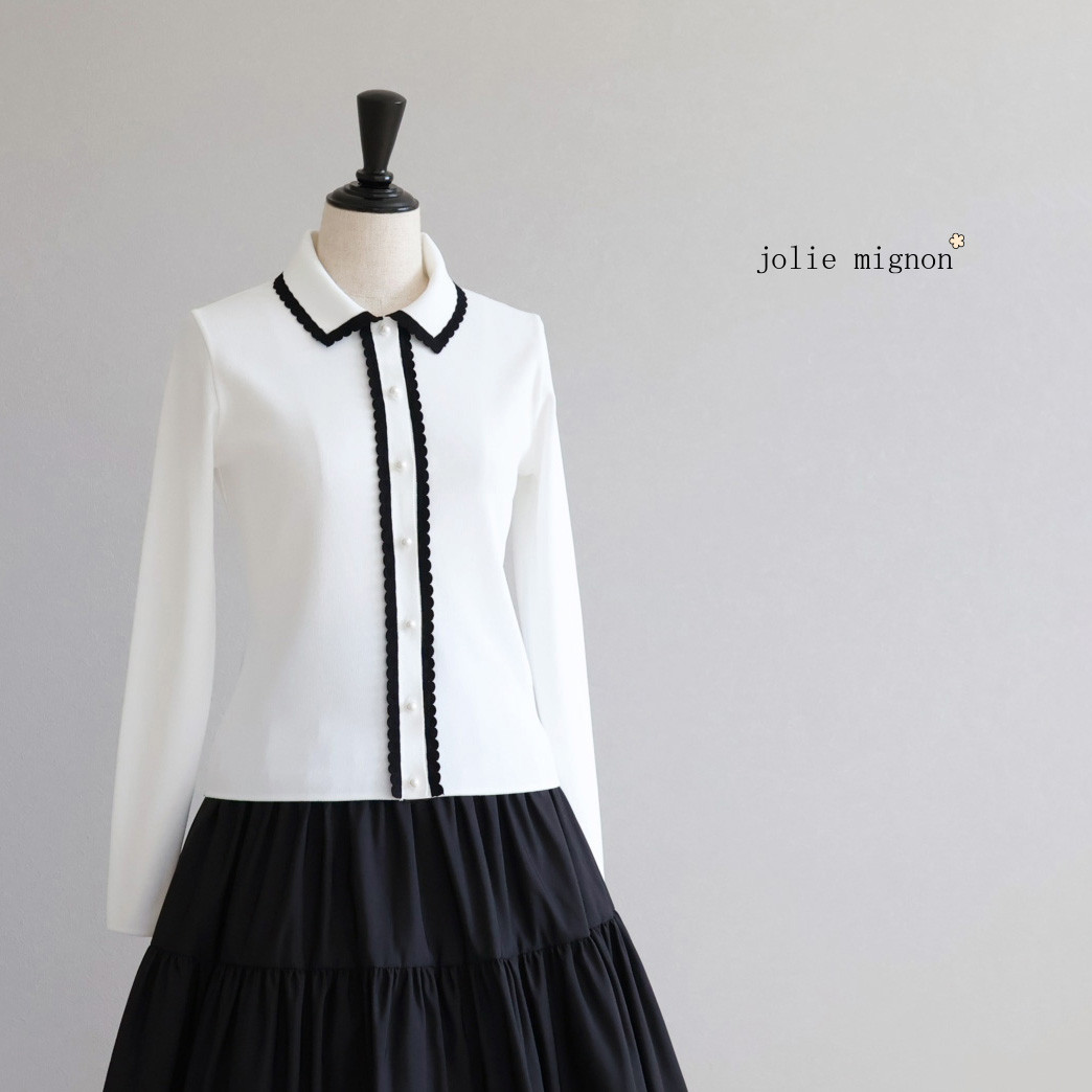 【大人可愛い一枚！】バイカラースカラップ 長袖ストレッチカーディガン【ホワイト×ブラック】 18,432円