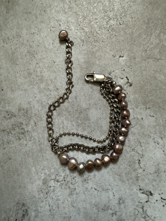 ーlayer pearl braceletsilverー　サージカルステンレス　チェーンブレスレット　パール 2枚目の画像