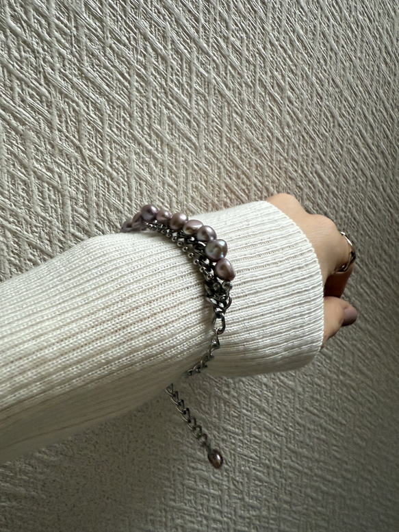 ーlayer pearl braceletsilverー　サージカルステンレス　チェーンブレスレット　パール 8枚目の画像