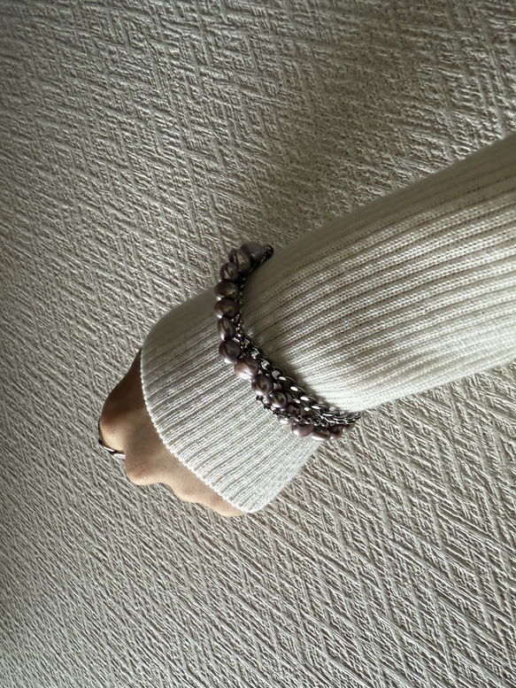 ーlayer pearl braceletsilverー　サージカルステンレス　チェーンブレスレット　パール 10枚目の画像