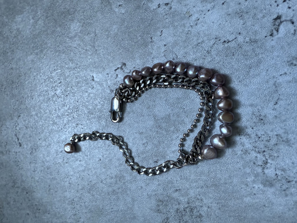ーlayer pearl braceletsilverー　サージカルステンレス　チェーンブレスレット　パール 4枚目の画像