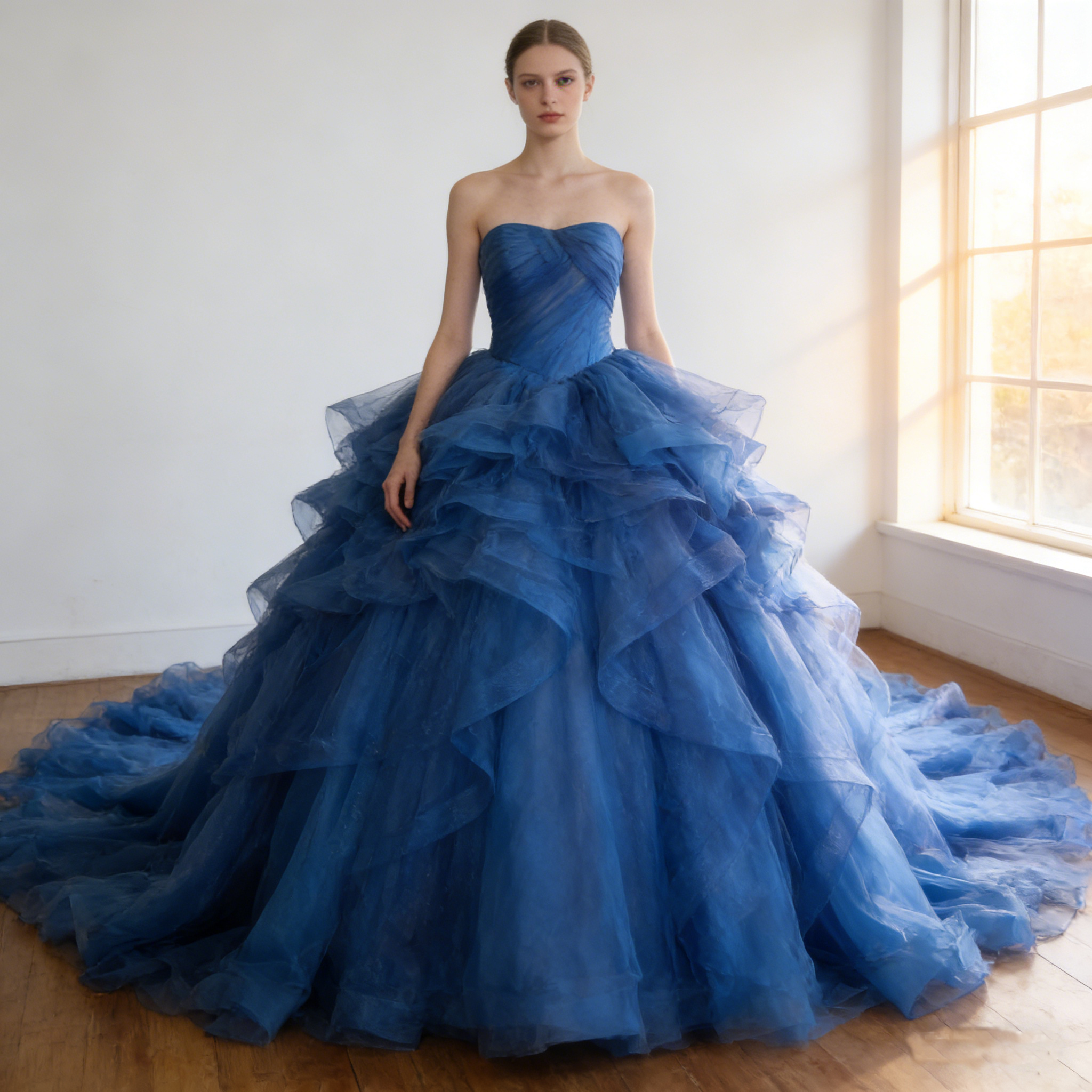 カラードレス  ブルー アシンメトリー風  ボリュームドレス   華やかなトレーン   スリット  ビスチェドレス 花嫁 51,954円