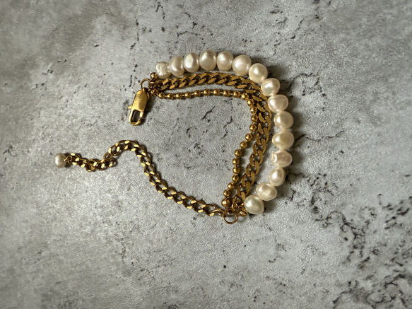 ーlayer pearl braceletー　サージカルステンレス　チェーンブレード　ブレスレット　パールアクセサリー 3枚目の画像