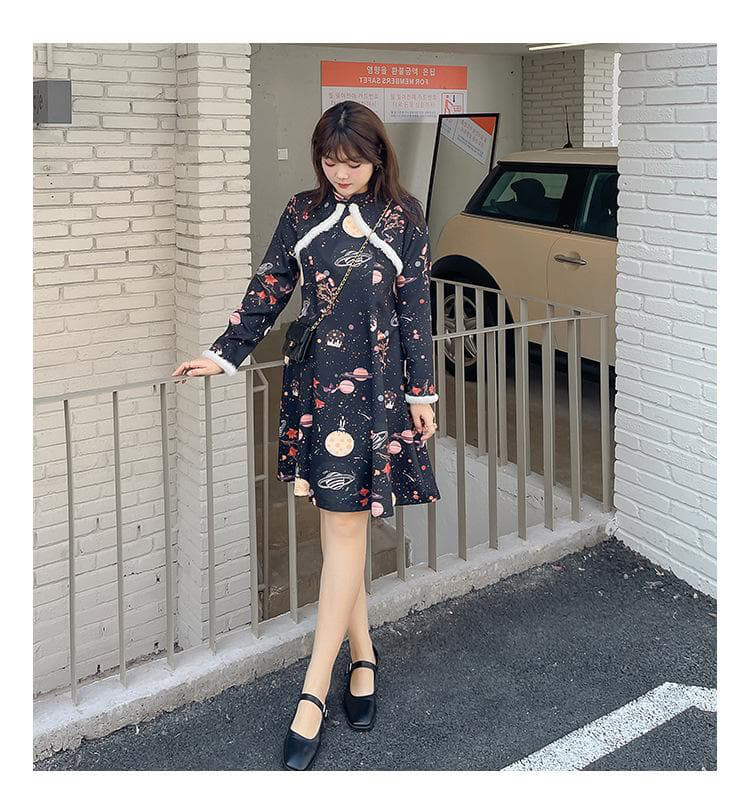 大きいサイズ レディース 秋冬 チャイナ　ワンピース 長袖　可愛い　ファー