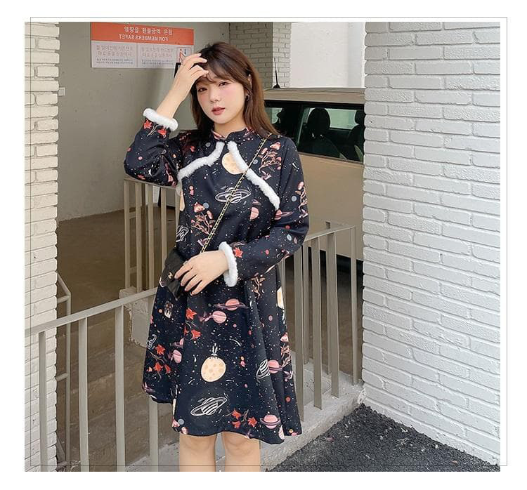 大きいサイズ レディース 秋冬 チャイナ　ワンピース 長袖　可愛い　ファー