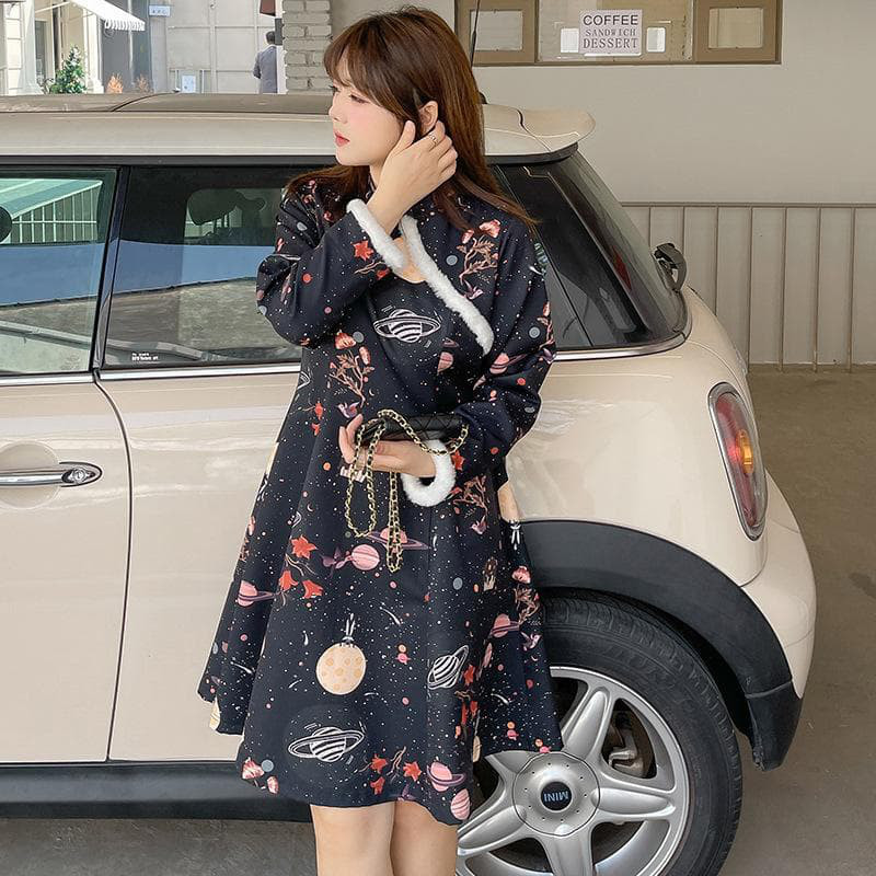 大きいサイズ レディース 秋冬 チャイナ　ワンピース 長袖　可愛い　ファー