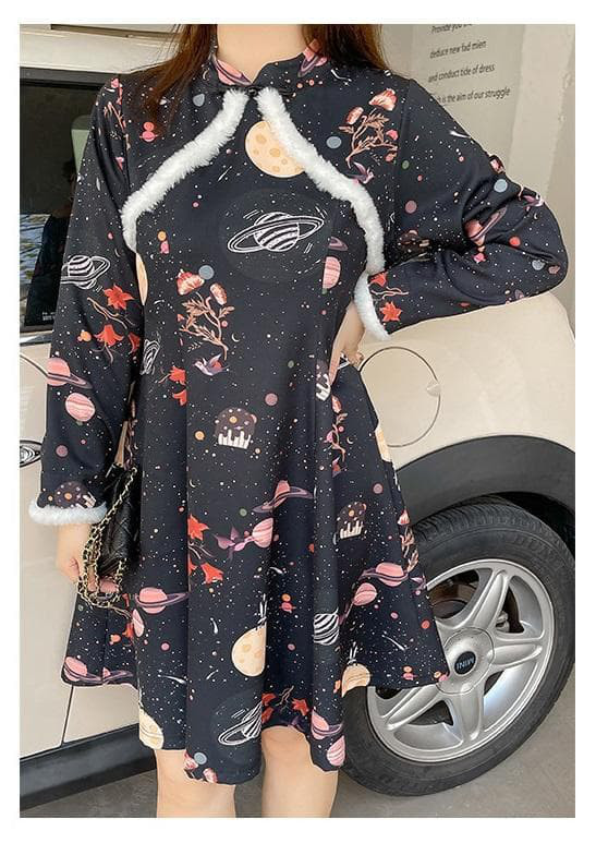 大きいサイズ レディース 秋冬 チャイナ　ワンピース 長袖　可愛い　ファー