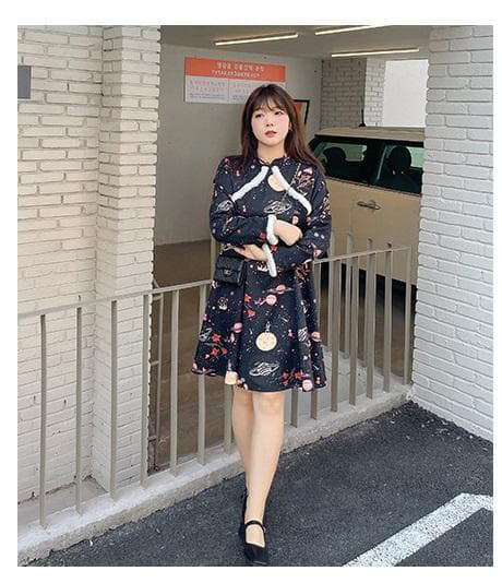 大きいサイズ レディース 秋冬 チャイナ　ワンピース 長袖　可愛い　ファー