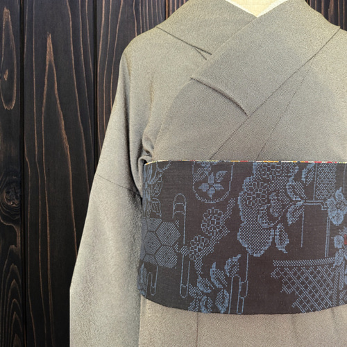 着物反物* 紬地草花とヱ霞 草花 大人の兵児帯 半幅帯 長尺475cm 和装
