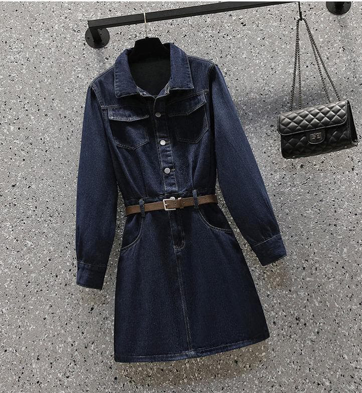 大きいサイズ　レディース　秋冬　デニム　ワンピース　長袖 襟付き　韓国