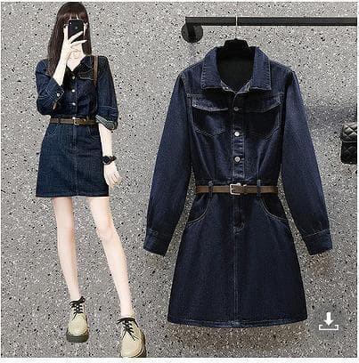 大きいサイズ　レディース　秋冬　デニム　ワンピース　長袖 襟付き　韓国