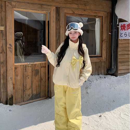 25-26秋冬限定 スノボウェア 上下セット リボン 黄色 3L撥水 可愛い