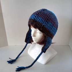 45ニット帽 モチーフ編み耳当て付きニット帽 ピンク✕白ミックス 大人