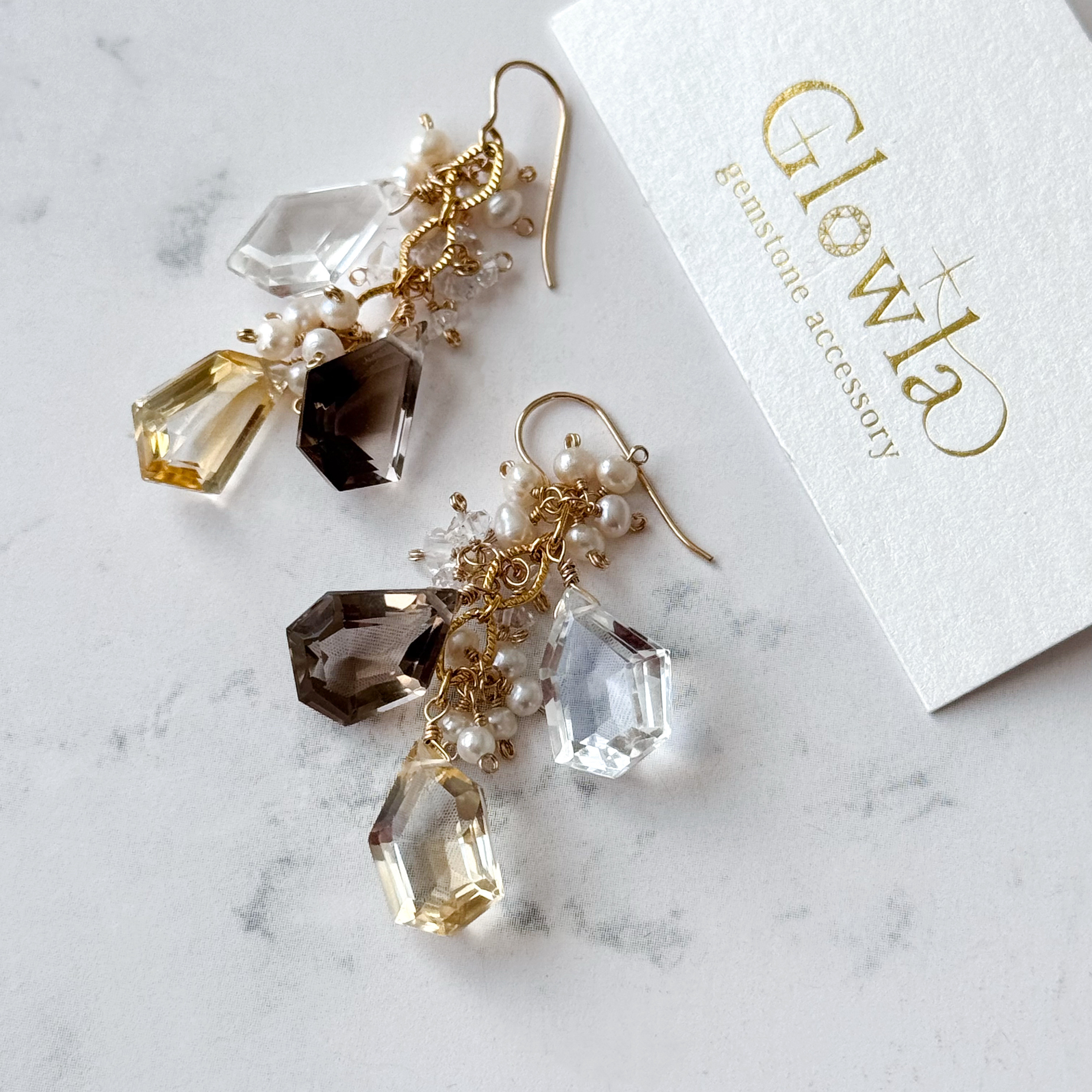 ファンシーカットシトリン・スモーキークォーツのスプリンググロウピアス(14kgf)イヤリング(16kgp) 4,592円