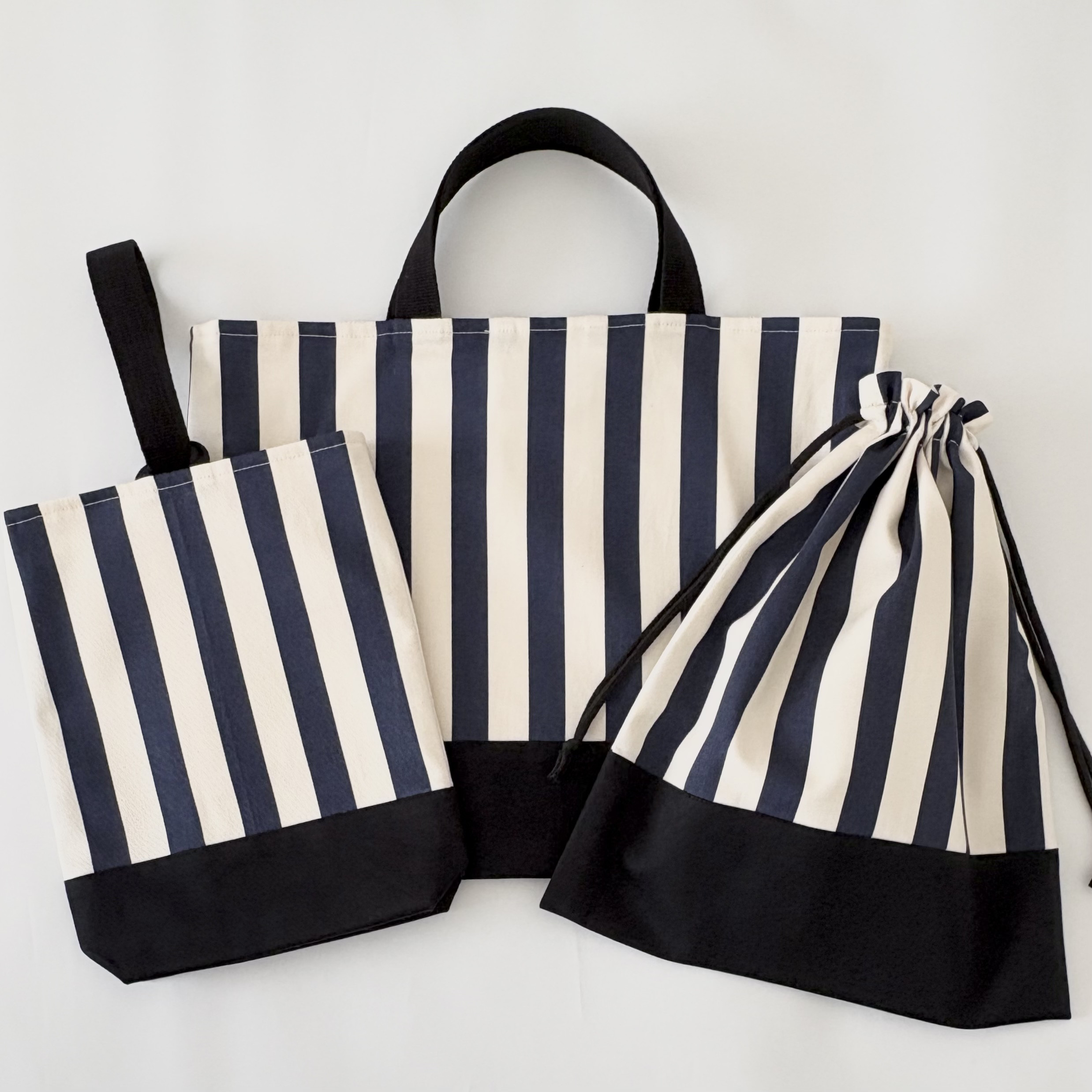 ストライプ レッスンバッグ上履き袋 巾着袋 入園・入学グッズ 【送料無料】3点セット ネイビー ブラック 黒 シンプル