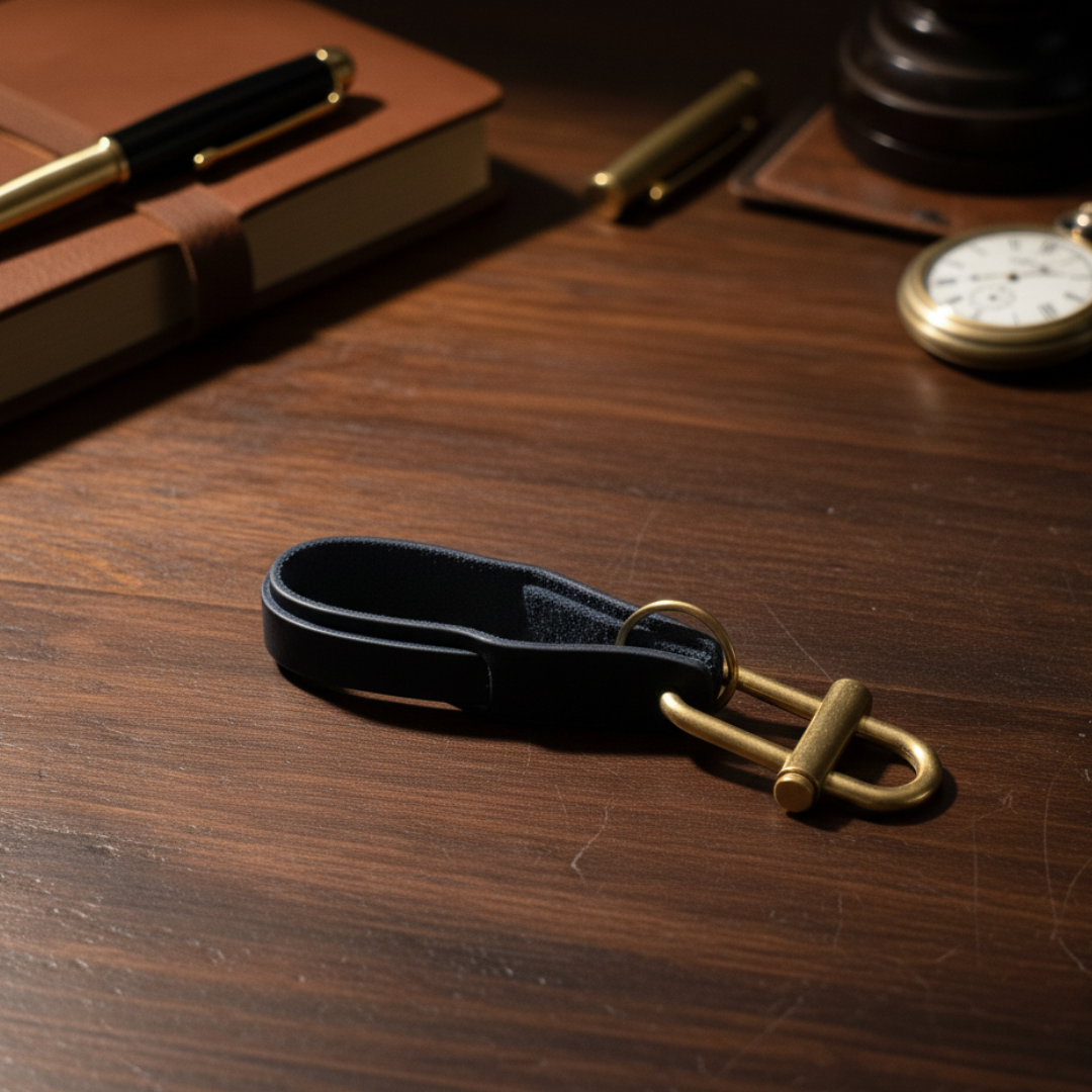 真鍮×イタリアンレザーヌメ革 スライドロック式キーホルダー｜真鍮二重カン20mm付／名入れ・ロゴ刻印可　ブラック