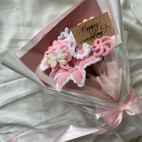 ✿ 韓国花束 モールフラワー 蝶 母の日 誕生日 枯れないお花 ピンク