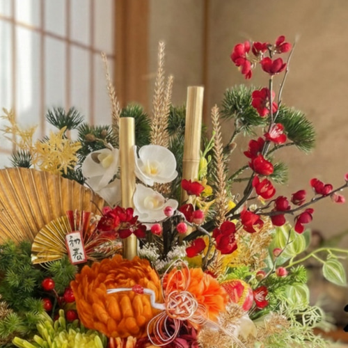 年内にお届け 特大LLサイズ迎春門松｜本物帯と乱れ咲き菊の豪華正月