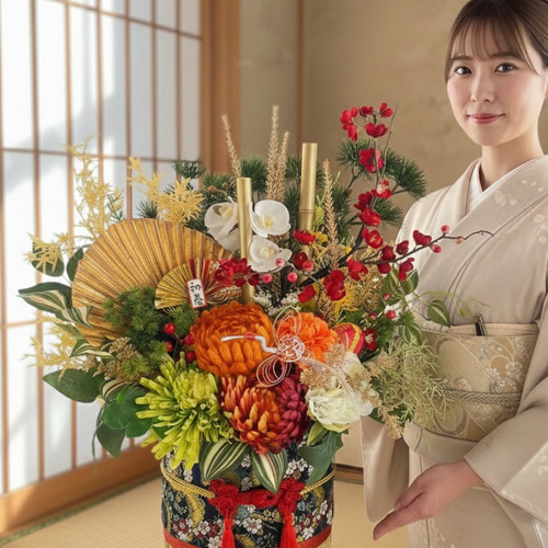 年内にお届け 特大LLサイズ迎春門松｜本物帯と乱れ咲き菊の豪華正月