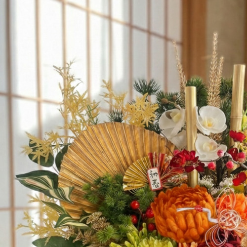 年内にお届け 特大LLサイズ迎春門松｜本物帯と乱れ咲き菊の豪華正月