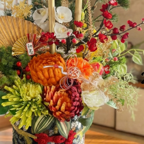 年内にお届け 特大LLサイズ迎春門松｜本物帯と乱れ咲き菊の豪華正月