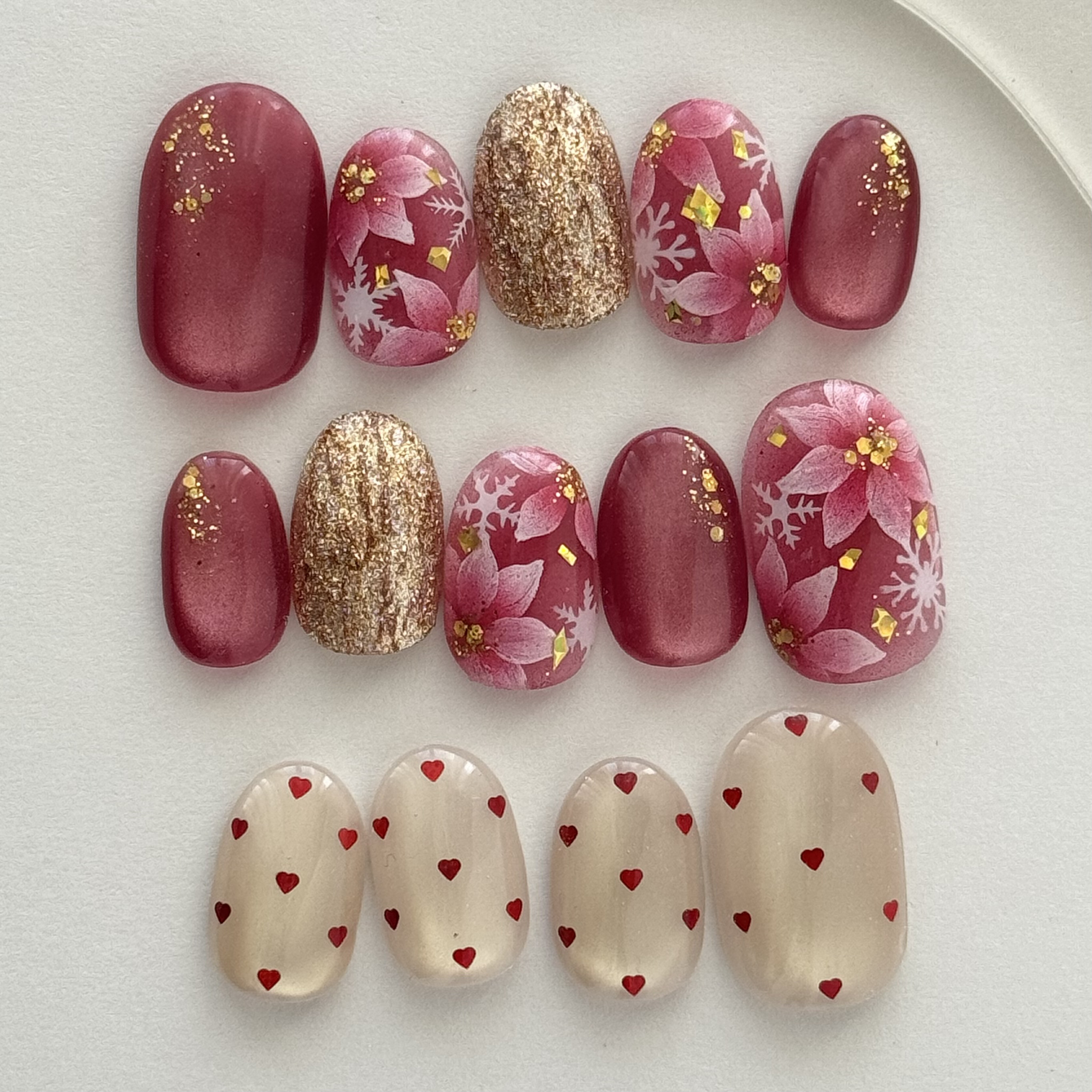 2wayネイルチップ/マグネットネイル/クリスマスネイル/ポインセチア/雪の結晶/FICO/ハート/赤