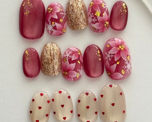 オーダーネイルチップ No.16 冬 雪 ピンクハート ニット a246ba6b12e0be0e6ff82291d649a5