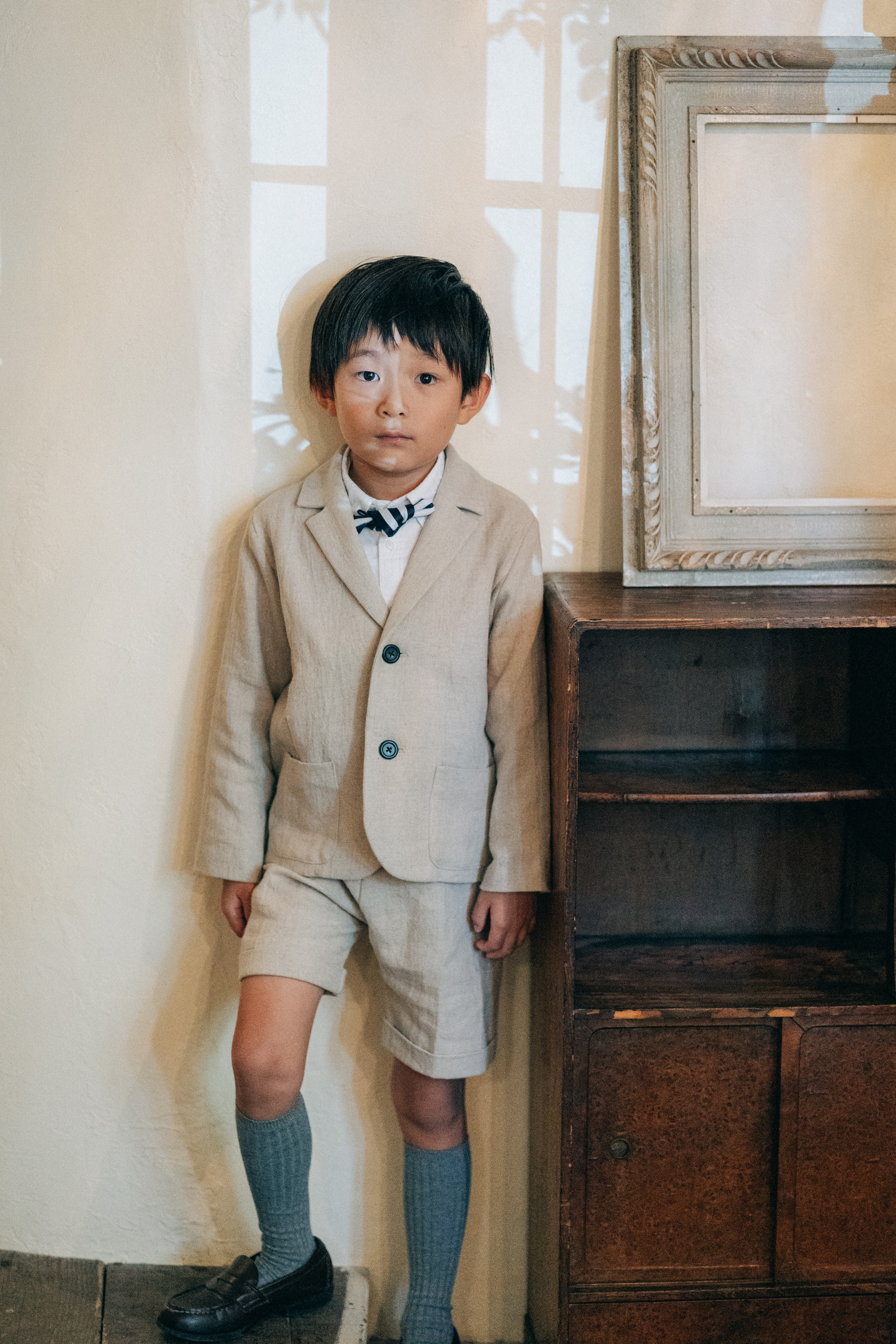 【出来上がり品】 120 ナチュラルコットンスーツ　選べる　蝶ネクタイ　七五三　入園　入学　卒業式