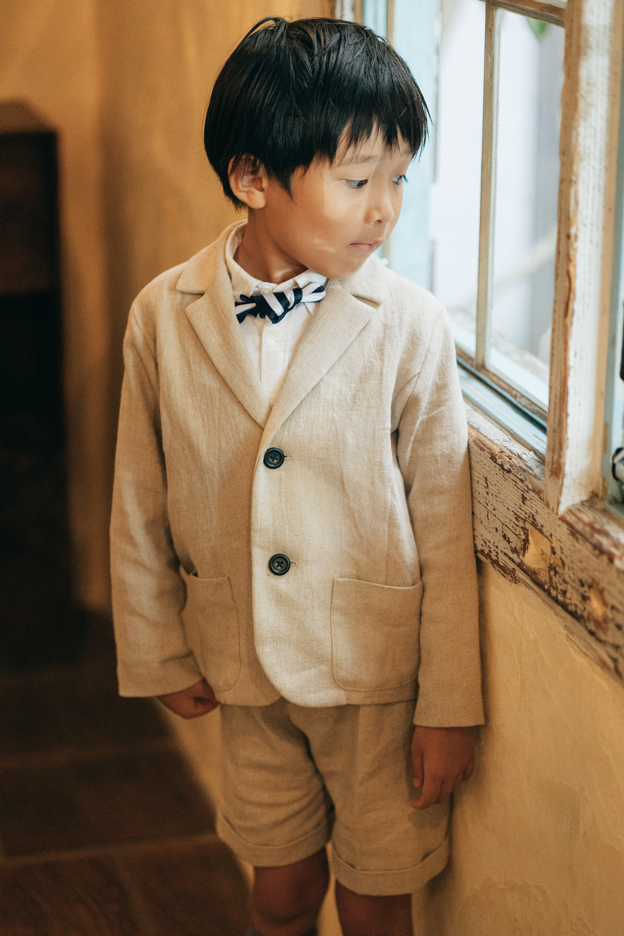 【出来上がり品】 120 ナチュラルコットンスーツ　選べる　蝶ネクタイ　七五三　入園　入学　卒業式