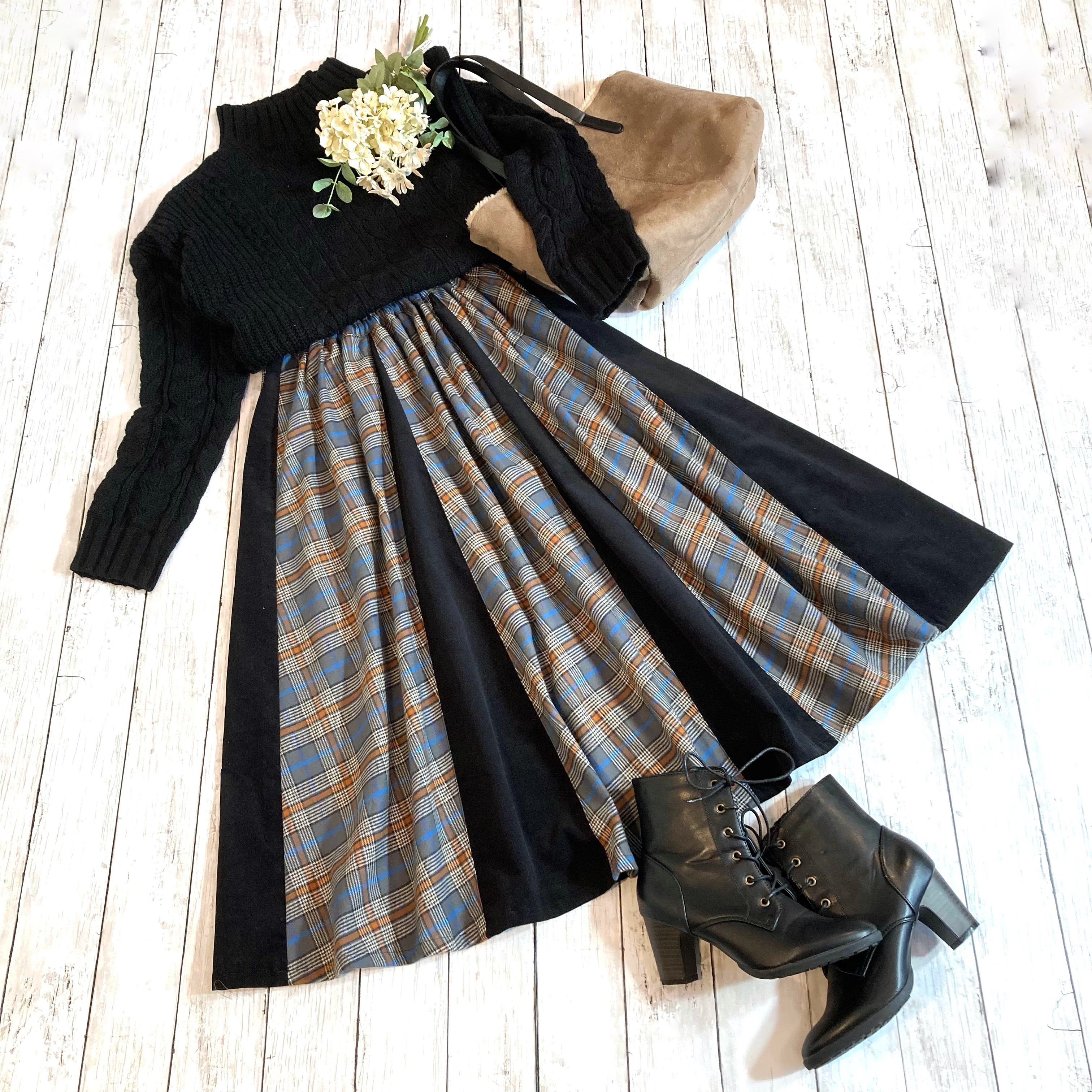 播州織起毛ツイルチェックチェック(グレー系)とブラックコーデュロイの12枚はぎスカートby彩苺[Ｍ2555]