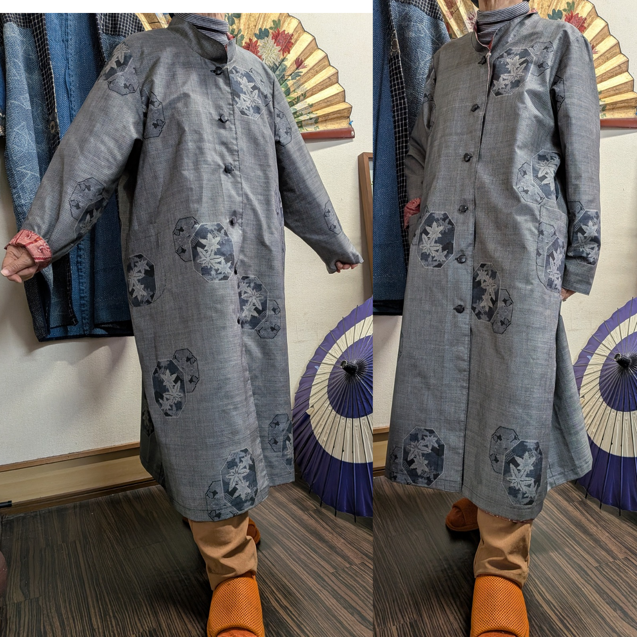 大島袖のリバーシブルコート　　　　着物リメイク