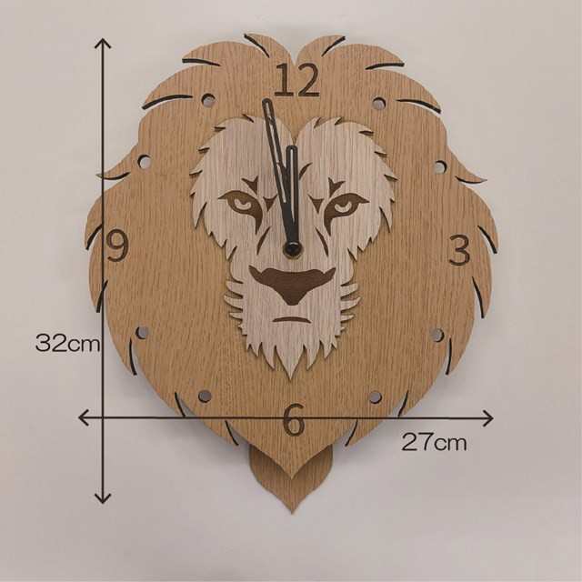 ライオン 壁掛け時計 振り子付き 静音ムーブメント 木製アートクロック