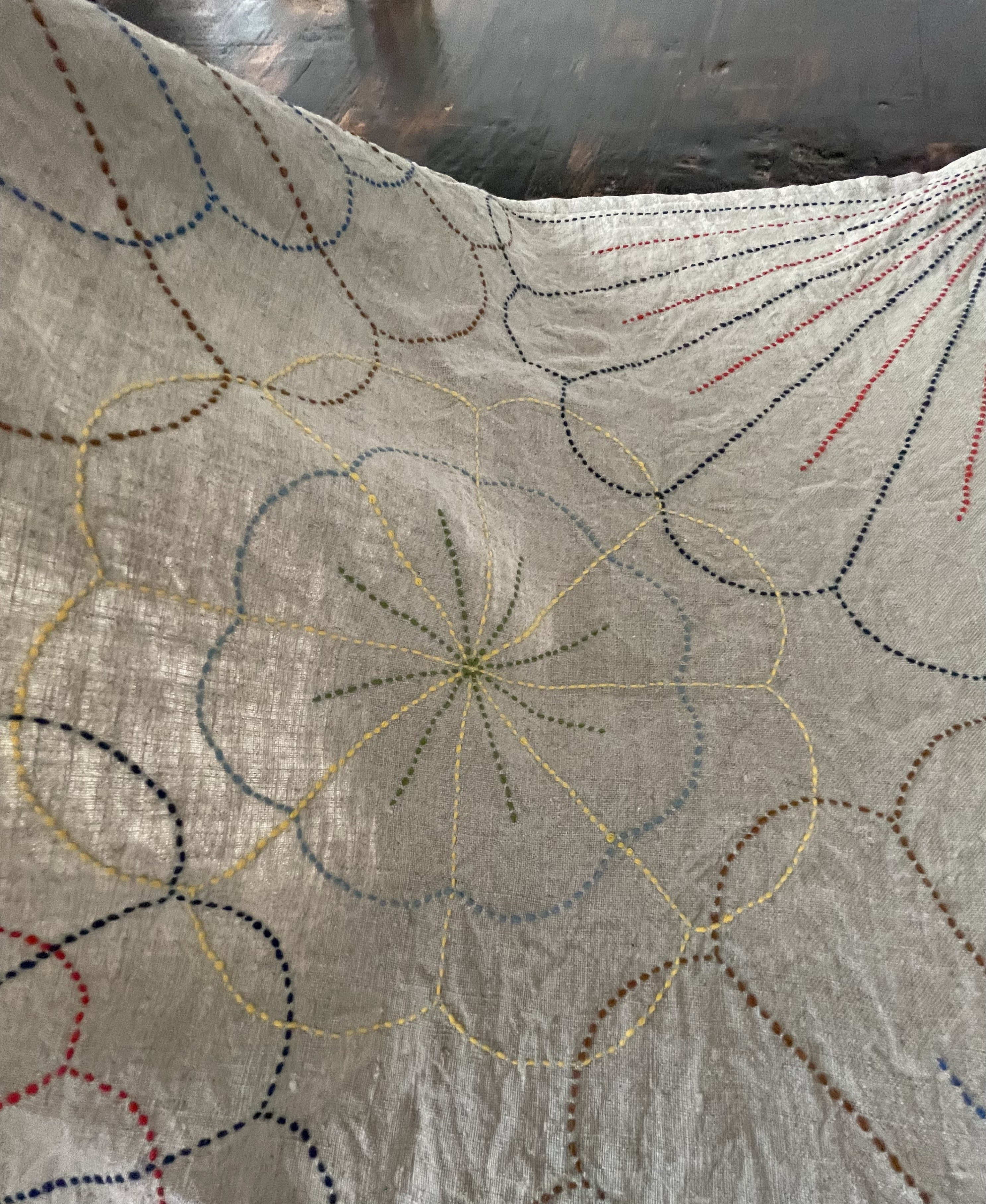 渋くてかわいい刺し子の小風呂敷・お弁当包み　こだわりベルギーリネン（２５番手）　生成り　割菊