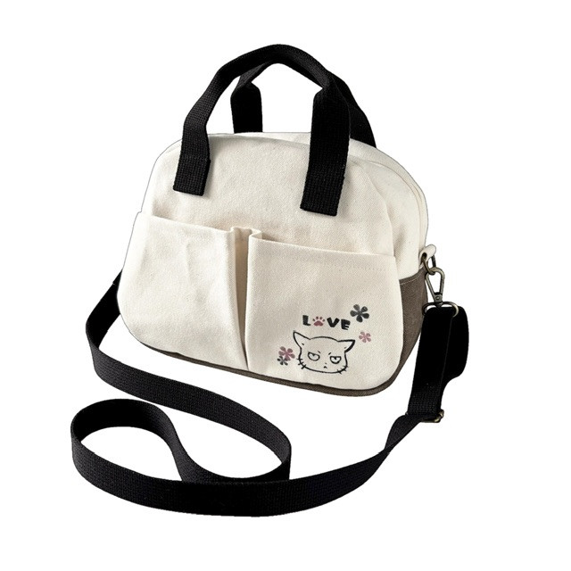 ブラウン＋生成り帆布の猫boxerボストンショルダーバッグ