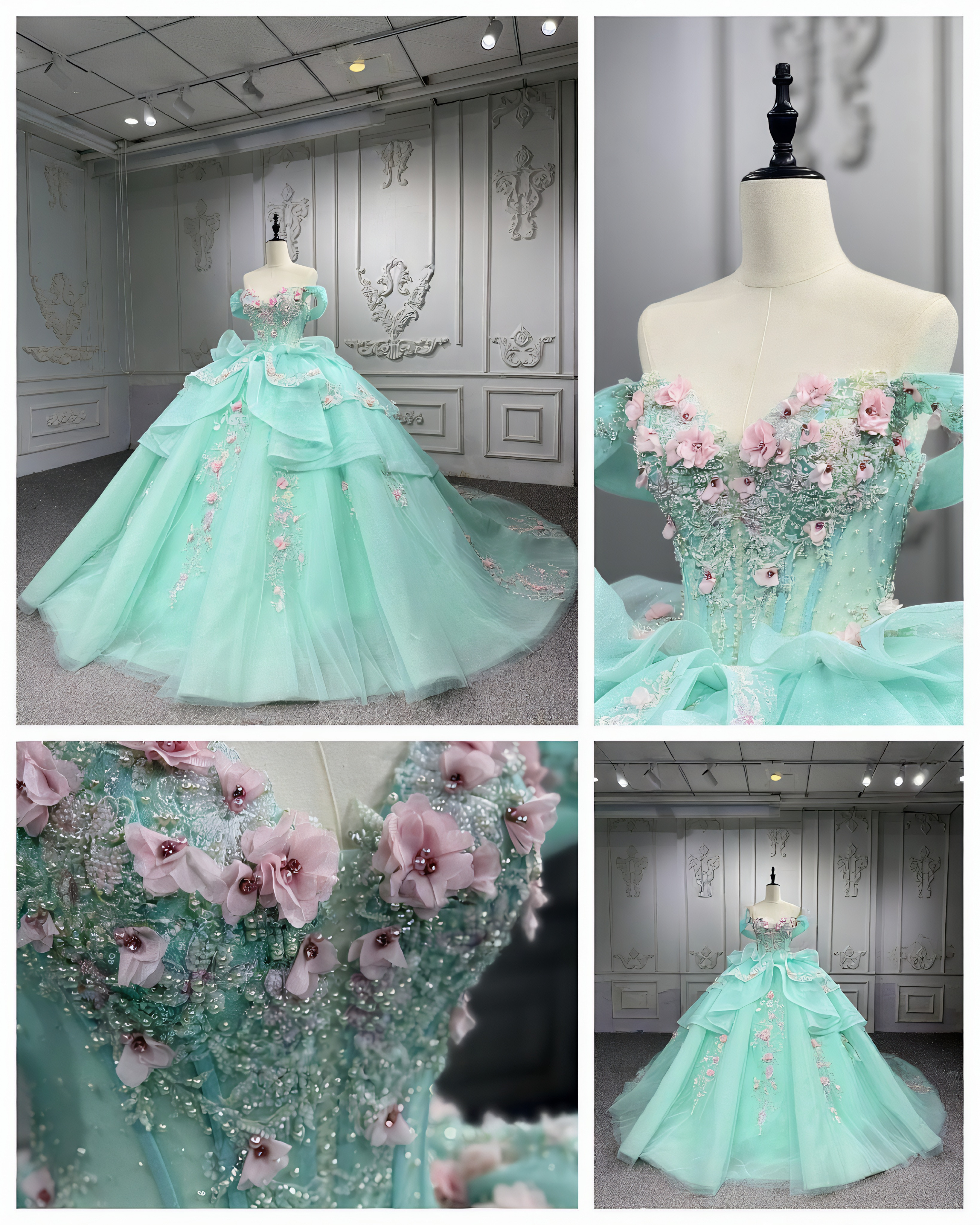 ミントグリーン　オフショルダー　二の腕を隠せえう　ロングトレーン　ソフトチュール　可愛いお花飾り　パーティー音楽会演奏会